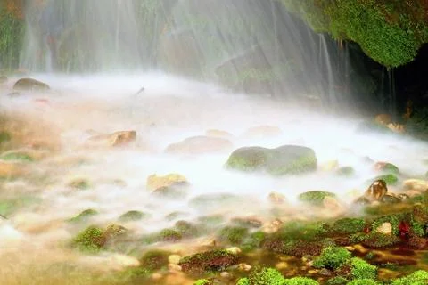 Shinning drops. Cascade of small mountain stream, mossy boulders. Foto stock
