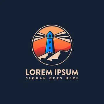 Shinning lighthouse logo vector template on dark background Stock Illustration