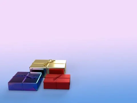 Shinning wrapped and string tied gift boxes in glossy golden, glossy rainbow and Stock Illustration