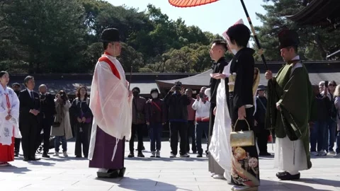 Shinto priest performs ritual at shrine gate in sunny setting Stock Footage 306277995