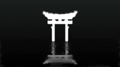 Shinto symbol made of white glowing particles dissolve on reflecting floor Video stock 228780962