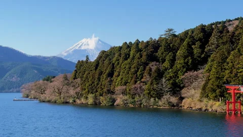 Shinto Torii gate and mount Fuji on Hakone lake Ashi, traditional nature tourism Stock Footage 258414901