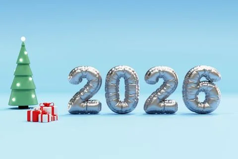 Shiny 2026 balloon digits with tree and gifts on blue studio Illustrazione stock