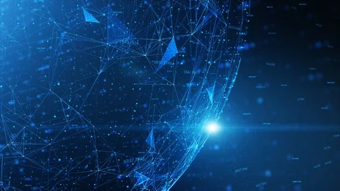 Shiny 3d globe on blue blurry computer network copy space background 動画素材 111296090