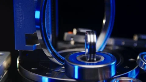 Shiny Ball Bearings on Precision Test Rig, Blue Studio Light, Close Up Shot Видео 341512478