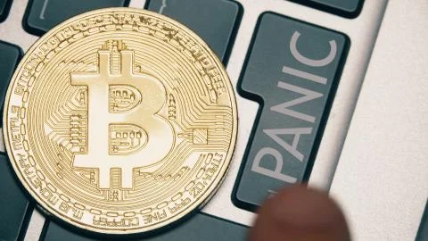 Shiny bitcoin on the computer keyboard and the PANIC button being pressed Stock Photos
