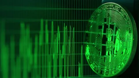 Shiny bitcoin reflects green data graph on the computer screen. Cryptocurrency Illustrazione stock