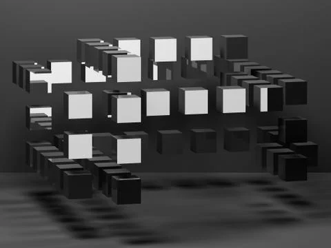 Shiny black flying cubes installation 3 d Stock Illustration