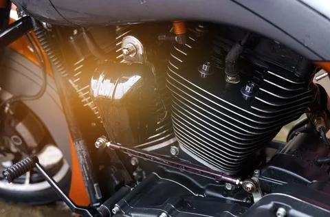 Shiny black motorcycle engine and gearbox block. Foto stock
