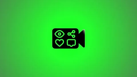 Shiny black video camera icon with social media symbols on a vibrant green .. Stock Footage 346491227