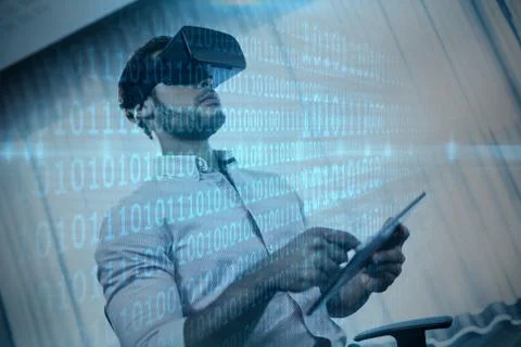 Shiny blue binary code on black background against businessman using an oculu Stock Photos