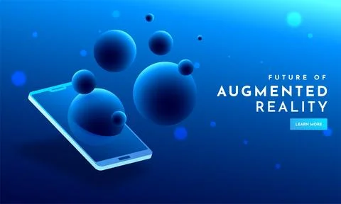 Shiny blue web template design with isometric view of smartphone and 3D bub.. Illustrazione stock
