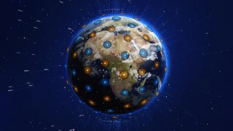 Shiny blue world with 3d lines and colorful circles. Technology concept. Stock-Illustration