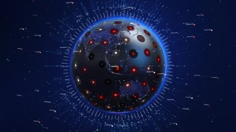Shiny blue world with 3d lines and colorful circles. Technology concept. Illustrazione stock