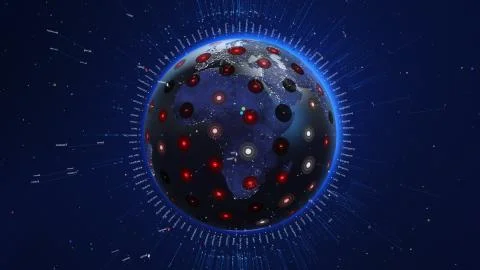Shiny blue world with 3d lines and colorful circles. Technology concept. イラスト素材
