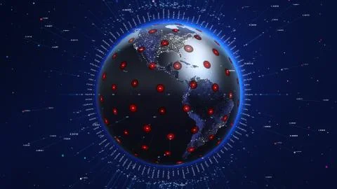 Shiny blue world with 3d lines and colorful circles. Technology concept. イラスト素材