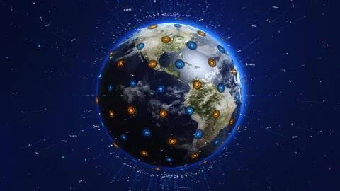 Shiny blue world with 3d lines and colorful circles. Technology concept. Illustrazione stock