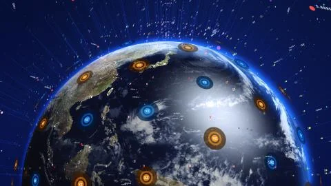 Shiny blue world with 3d lines and colorful circles. Technology concept. Stockillustratie