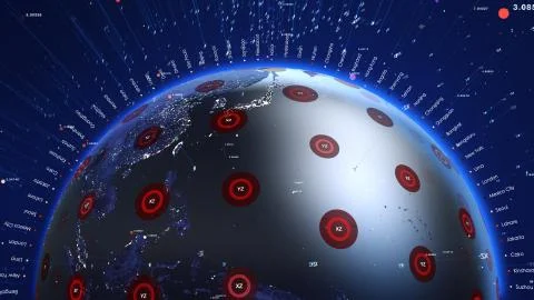 Shiny blue world with 3d lines and colorful circles. Technology concept. Illustrazione stock