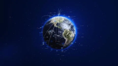 Shiny blue world with 3d lines and colorful circles. Technology concept. Illustrazione stock