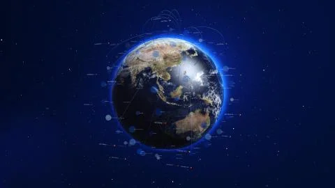 Shiny blue world with 3d lines and colorful circles. Technology concept. Stock Illustration