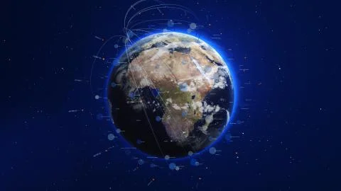 Shiny blue world with 3d lines and colorful circles. Technology concept. Stock-Illustration