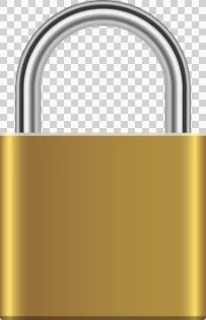 A shiny brass-colored padlock with a silver shackle, isolated on a solid bl.. Illustrazione stock