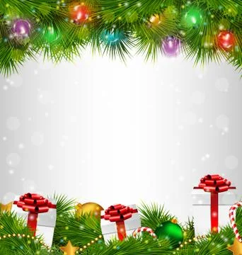 Shiny Christmas tree with gift boxes and led Christmas lights li Stock Illustration