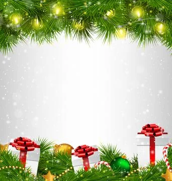 Shiny Christmas tree with gift boxes and led Christmas lights li Stock Illustration
