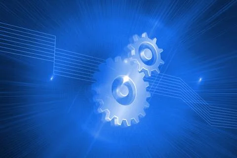 Shiny cogs on blue background Stock Photos