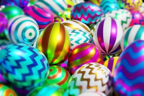 Shiny colorful Easter eggs. Close-up 3D rendering Stock-Illustration