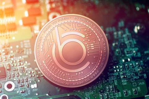 Shiny copper BITCLAVE cryptocurrency coin on blurry motherboard background Stock Illustration