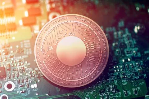 Shiny copper BYTEBALL cryptocurrency coin on blurry motherboard background Stock Illustration