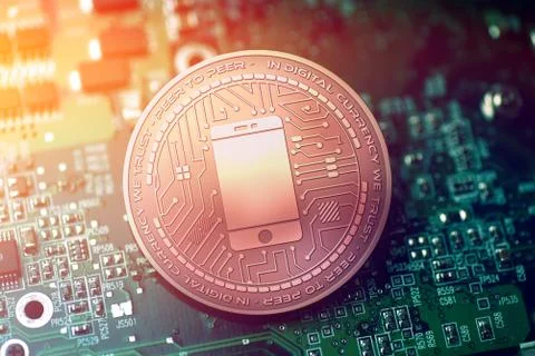 Shiny copper DETECTOR TOKEN cryptocurrency coin on blurry motherboard background Stock Illustration