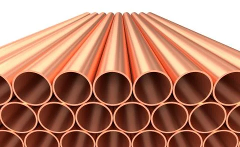 Shiny copper pipes in rows isolated on white Illustrazione stock