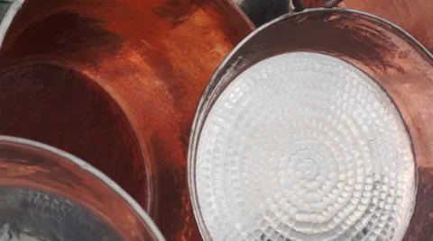 Shiny Copper Pots Dolly Stock Footage 32973727