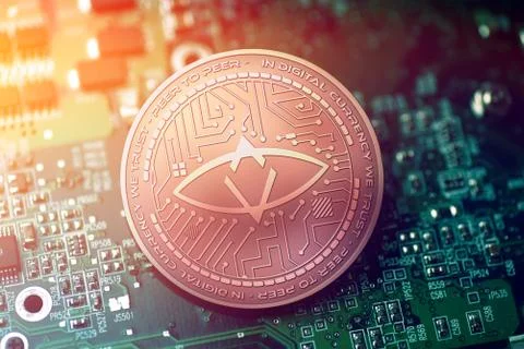 Shiny copper SINGULAR DTV cryptocurrency coin on blurry motherboard background Illustrazione stock
