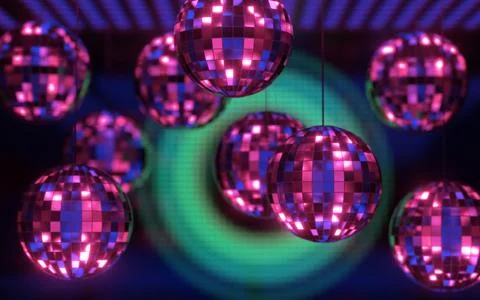 Shiny disco ball with neon light background, 3d rendering. Stock Illustration