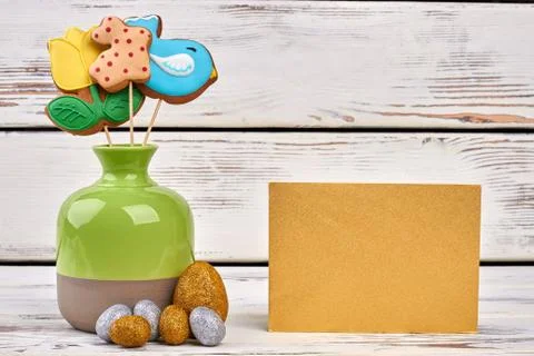 Shiny Easter eggs, blank card. Stock Photos