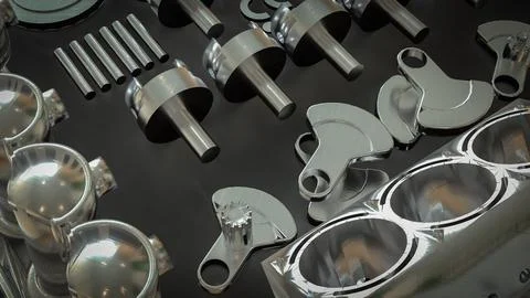 Shiny Engine Cylinder Block And Pistons Mechanical Parts 3d render. Illustrazione stock