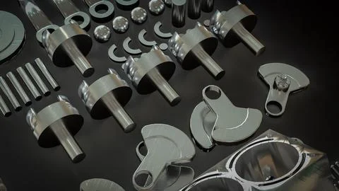 Shiny Engine Cylinder Block And Pistons Mechanical Parts 3d render. Illustrazione stock