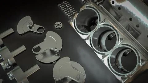 Shiny Engine Cylinder Block And Pistons Mechanical Parts 3d render. Illustrazione stock