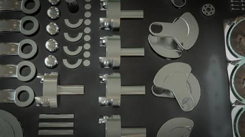 Shiny Engine Cylinder Block And Pistons Mechanical Parts 3d render. Stock Illustration