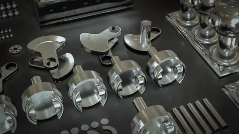 Shiny Engine Cylinder Block And Pistons Mechanical Parts 3d render. Illustrazione stock