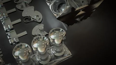 Shiny Engine Cylinder Block And Pistons Mechanical Parts 3d render. 스톡 일러스트