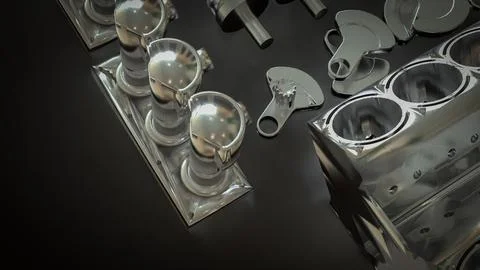 Shiny Engine Cylinder Block And Pistons Mechanical Parts 3d render. Illustrazione stock