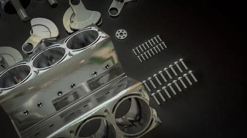 Shiny Engine Cylinder Block And Pistons Mechanical Parts 3d render. Illustrazione stock