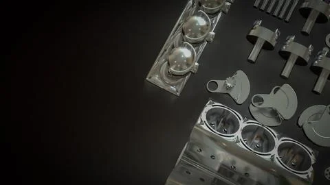 Shiny Engine Cylinder Block And Pistons Mechanical Parts 3d render. Stock Illustration