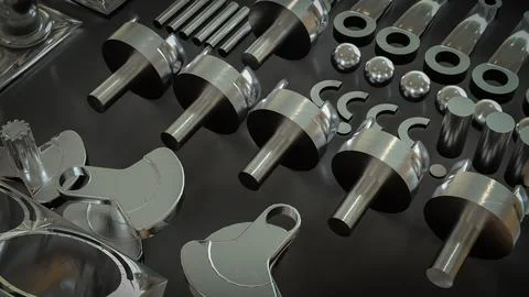 Shiny Engine Cylinder Block And Pistons Mechanical Parts 3d render. Illustrazione stock