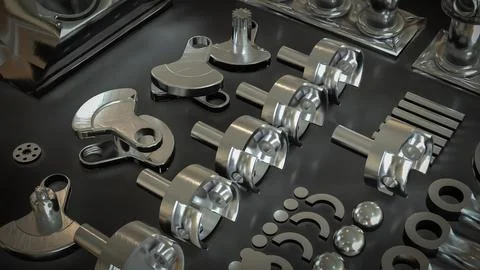 Shiny Engine Cylinder Block And Pistons Mechanical Parts 3d render. Illustrazione stock